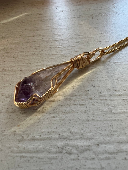 Amethyst Gold Vermeil Wire Wrapped Reiki Charged Pendant